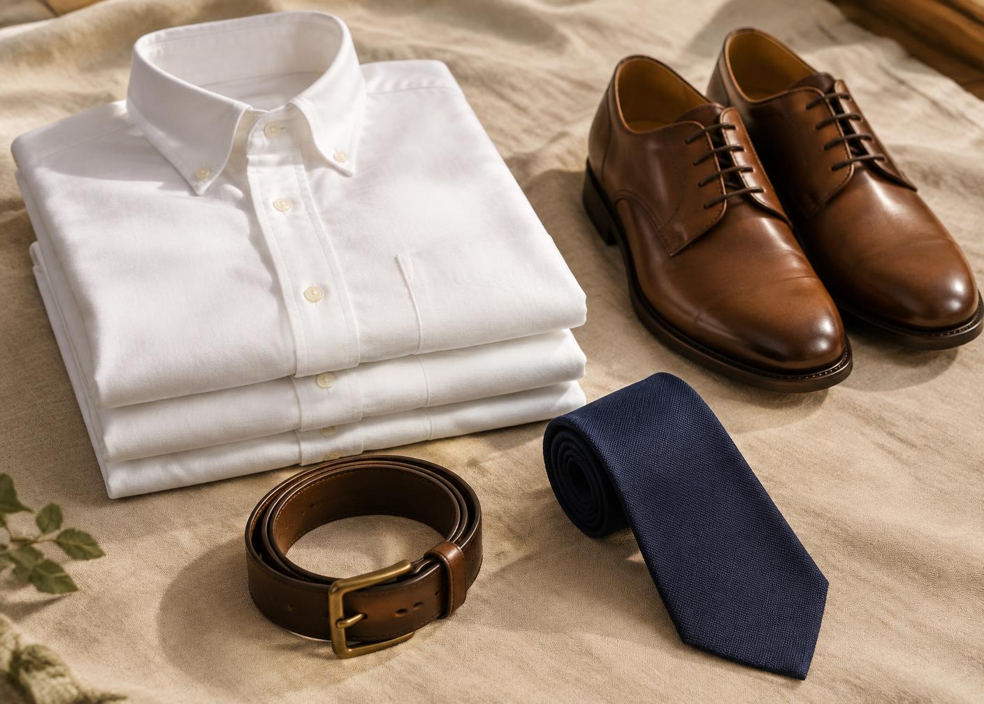 Gefaltete weiße Hemden, Gürtel, Krawatte und braune Schuhe