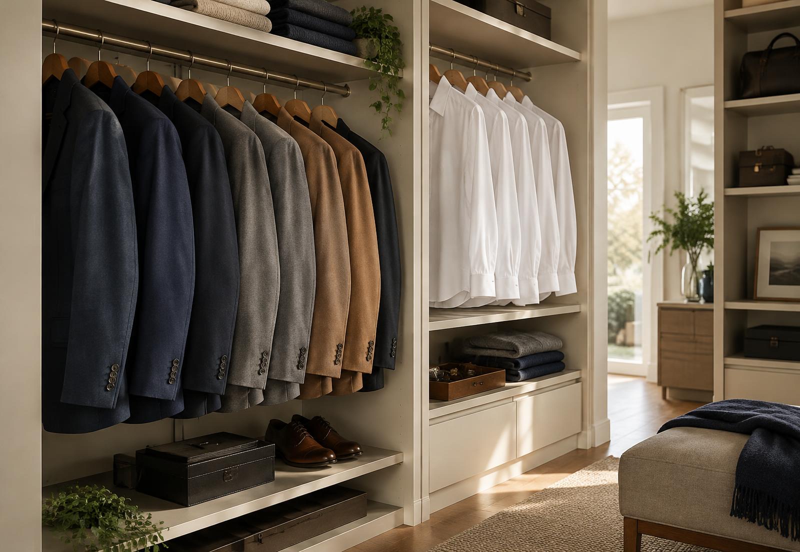 Geordneter Kleiderschrank mit Sakkos und weißen Hemden